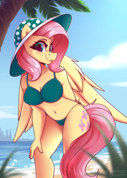 Size: 1600x2250 | Tagged: safe, artist:shadowreindeer, fluttershy, pegasus, anthro, g4, :p, adorasexy, beach, belly button, bikini, breasts, busty fluttershy, clothes, cute, eyebrows, eyelashes, female, green bikini, hat, outdoors, sexy, shyabetes, smiling, solo, swimsuit, tongue out, wings