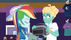 Size: 3410x1920 | Tagged: safe, screencap, rainbow dash, zephyr breeze, dashing through the mall, equestria girls, equestria girls specials, g4, my little pony equestria girls: better together, my little pony equestria girls: holidays unwrapped, clothes, cutie mark, cutie mark on clothes, eyes closed, female, geode of super speed, hoodie, jewelry, magical geodes, male, necklace