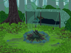 Size: 800x600 | Tagged: safe, artist:rangelost, cyoa:d20 pony, forest, grass, morning, no pony, outdoors, pixel art, smoke, tent, tree
