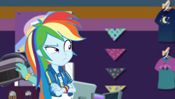 Size: 3410x1920 | Tagged: safe, screencap, rainbow dash, zephyr breeze, dashing through the mall, equestria girls, equestria girls series, g4, holidays unwrapped, spoiler:eqg series (season 2), clothes, crossed arms, cutie mark, cutie mark on clothes, female, geode of super speed, hoodie, jewelry, magical geodes, male, necklace