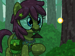 Size: 800x600 | Tagged: safe, artist:rangelost, oc, oc only, oc:trailblazer, earth pony, firefly (insect), insect, pony, cyoa:d20 pony, bag, bush, female, forest, lantern, mare, morning, mouth hold, outdoors, pixel art, saddle bag, solo, tree