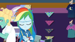 Size: 3410x1920 | Tagged: safe, screencap, rainbow dash, zephyr breeze, dashing through the mall, equestria girls, equestria girls specials, g4, my little pony equestria girls: better together, my little pony equestria girls: holidays unwrapped, clothes, crossed arms, cutie mark, cutie mark on clothes, eyes closed, female, geode of super speed, hoodie, jewelry, magical geodes, male, necklace