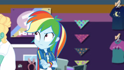 Size: 3410x1920 | Tagged: safe, screencap, rainbow dash, zephyr breeze, dashing through the mall, equestria girls, equestria girls series, g4, holidays unwrapped, spoiler:eqg series (season 2), clothes, crossed arms, cutie mark, cutie mark on clothes, female, geode of super speed, hoodie, jewelry, looking up, magical geodes, male, necklace