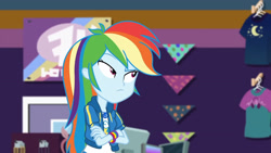 Size: 3410x1920 | Tagged: safe, screencap, rainbow dash, dashing through the mall, equestria girls, equestria girls series, g4, holidays unwrapped, spoiler:eqg series (season 2), clothes, crossed arms, cutie mark, cutie mark on clothes, female, geode of super speed, hoodie, jewelry, looking up, magical geodes, necklace, solo