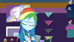 Size: 3410x1920 | Tagged: safe, screencap, rainbow dash, dashing through the mall, equestria girls, equestria girls specials, g4, my little pony equestria girls: better together, my little pony equestria girls: holidays unwrapped, clothes, crossed arms, cutie mark, cutie mark on clothes, eyes closed, female, geode of super speed, hoodie, jewelry, magical geodes, necklace, solo