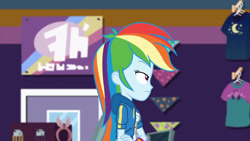 Size: 3410x1920 | Tagged: safe, screencap, rainbow dash, dashing through the mall, equestria girls, equestria girls specials, g4, my little pony equestria girls: better together, my little pony equestria girls: holidays unwrapped, clothes, cutie mark, cutie mark on clothes, female, geode of super speed, hoodie, jewelry, magical geodes, necklace, solo