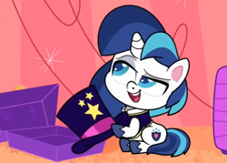 Size: 1124x805 | Tagged: safe, screencap, shining armor, pony, unicorn, g4.5, little miss fortune, my little pony: pony life, cropped, hat, male, open mouth, sitting, solo, stallion