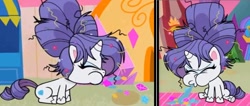 Size: 920x391 | Tagged: safe, screencap, rarity, pony, unicorn, g4, g4.5, my little pony: pony life, what goes updo, female, fetish fuel, mare, messy mane, sitting, vomit, vomiting, vomiting gems