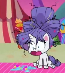 Size: 671x760 | Tagged: safe, screencap, rarity, pony, unicorn, g4, g4.5, my little pony: pony life, what goes updo, cropped, female, messy mane, open mouth, sitting, solo, vomit