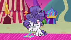 Size: 1920x1080 | Tagged: safe, screencap, rarity, pony, unicorn, g4.5, my little pony: pony life, what goes updo, spoiler:pony life s02e17, alternate hairstyle, carnival tent, eyes closed, female, fetish fuel, gemstones, mare, messy mane, mountain, path, sitting, solo, spit, spitting, tent, vomiting gems