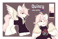 Size: 3000x2000 | Tagged: safe, artist:etoz, oc, oc only, oc:quincy, pegasus, pony, clothes, cute, happy, heart, high res, looking at you, male, pegasus oc, rear view, reference sheet, shirt, smiling, solo, stallion, t-shirt, wing hole, wings