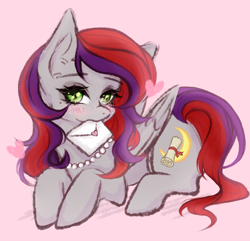 Size: 3209x3089 | Tagged: safe, artist:miuq, oc, oc only, oc:evening prose, pegasus, pony, female, freckles, high res, jewelry, letter, love letter, mare, mouth hold, necklace, pearl necklace, simple background, solo