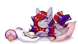 Size: 4850x2775 | Tagged: safe, artist:dar_onegin, oc, oc only, oc:evening prose, pegasus, pony, book, cushion, eyes closed, female, freckles, jewelry, mare, necklace, pearl necklace, pillow, reading, simple background, solo, white background