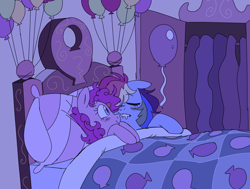 Size: 1000x755 | Tagged: safe, artist:anonymous, pinkie pie, rainbow dash, earth pony, pegasus, pony, g4, balloon, bed, blushing, cute, drawthread, female, lesbian, requested art, ship:pinkiedash, shipping, sleeping