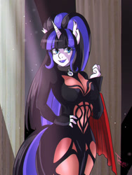 Size: 775x1031 | Tagged: safe, artist:traupa, oc, oc only, oc:coldlight bluestar, unicorn, vampire, anthro, bat ears, clothes, collar, dress, fangs, female, makeup, mare, ponytail, solo