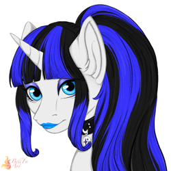 Size: 4050x4050 | Tagged: safe, artist:bellfa, oc, oc only, oc:coldlight bluestar, pony, unicorn, bust, collar, eyeshadow, female, lipstick, looking at you, makeup, mare, ponytail, portrait, simple background, solo, white background