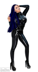 Size: 2871x5434 | Tagged: safe, artist:amywhooves, oc, oc only, oc:coldlight bluestar, human, alternate hairstyle, big breasts, bodysuit, boots, breasts, clothes, collar, eyeshadow, high heels, high res, humanized, humanized oc, latex, latex suit, lipstick, makeup, pose, shoes, simple background, solo, transparent background