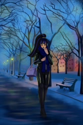 Size: 1440x2160 | Tagged: safe, artist:amywhooves, oc, oc only, oc:coldlight bluestar, human, bag, boots, chair, clothes, evening, high heels, humanized, jacket, latex, latex pants, lightbulb, long scarf, park, platform heels, platform shoes, ponytail, scarf, shoes, solo, sweater, tree, winter, winter outfit