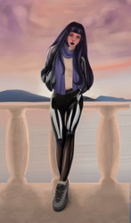 Size: 1938x3300 | Tagged: safe, artist:amywhooves, oc, oc only, oc:coldlight bluestar, human, alternate hairstyle, clothes, evening, hand in pocket, humanized, latex, latex pants, looking at you, mountain, ocean, scarf, shoes, solo, sweater