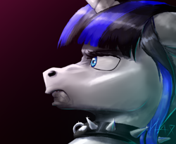 Size: 2200x1800 | Tagged: safe, artist:inaya, oc, oc only, oc:coldlight bluestar, pony, unicorn, angry, angry face, bust, choker, collar, female, looking sideways, mare, portrait, profile, simple background, solo, spiked choker, spiked collar