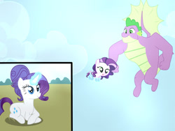 Size: 1280x960 | Tagged: safe, artist:crystallightfury, rarity, spike, dracony, dragon, hybrid, pony, unicorn, g4, alternate hairstyle, baby, family, female, gigachad spike, interspecies offspring, male, offspring, older, older rarity, older spike, parent:rarity, parent:spike, parents:sparity, ship:sparity, shipping, straight, winged spike, wings