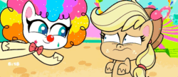 Size: 1432x624 | Tagged: safe, screencap, applejack, fluttershy, earth pony, pegasus, pony, g4.5, lolly-pop, my little pony: pony life, animated, applejack's hat, blinking, boop, bowtie, clown, clown makeup, clown nose, clown wig, cowboy hat, duo, duo female, female, flutterclown, gif, hat, honk, honk honk, red nose, scared, self-boop, sweat, wavy mouth, wig