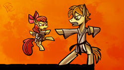Size: 1920x1080 | Tagged: safe, artist:veanakart, apple bloom, mandopony, g4, black belt, duo, gi, karate, kicking, looking at each other, martial arts, punch, red background, simple background, white belt