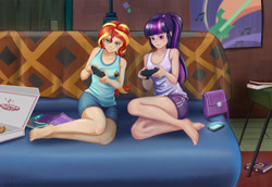 Size: 2434x1676 | Tagged: safe, artist:scs-g3-n17, sunset shimmer, twilight sparkle, human, equestria girls, g4, barefoot, book, clothes, confident, controller, couch, denim shorts, duo, duo female, feet, female, food, friendship journal, gamer girl, gamer sunset, gym shorts, handbag, human coloration, indoors, journal, legs, multicolored hair, pizza, pizza box, playing, ponytail, purple eyes, request, requested art, shorts, sleeveless, smiling, sunset's apartment, tank top, tomboy, turquoise eyes, video game