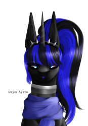 Size: 1980x2840 | Tagged: safe, artist:dayer aykto, oc, oc only, oc:coldlight bluestar, latex pony, original species, pony, unicorn, black sclera, bust, choker, clothes, collar, female, glowing eyes, jewelry, latex, lipstick, living latex, looking at you, mare, ponytail, portrait, scarf, simple background, solo, symbiote, tiara, transparent background