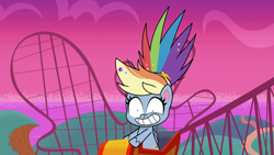 Size: 1920x1080 | Tagged: safe, screencap, rainbow dash, pegasus, pony, g4.5, my little pony: pony life, what goes updo, spoiler:pony life s02e17, alternate hairstyle, female, mare, roller coaster, solo