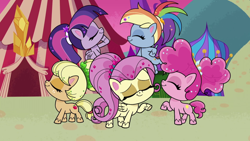 Size: 1920x1080 | Tagged: safe, screencap, applejack, fluttershy, pinkie pie, rainbow dash, twilight sparkle, alicorn, earth pony, pegasus, pony, g4.5, my little pony: pony life, what goes updo, spoiler:pony life s02e17, alternate hairstyle, eyes closed, female, mare, nose in the air, pose, twilight sparkle (alicorn)