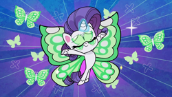 Size: 1920x1080 | Tagged: safe, screencap, rarity, pony, unicorn, communication shakedown, g4.5, my little pony: pony life, butterfly wings, female, green wings, makeup, mare, solo, wings