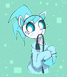 Size: 467x538 | Tagged: safe, artist:saltycube, derpibooru exclusive, natalie, earth pony, mecha pony, pony, robot, robot pony, g4.5, abstract background, blushing, cable, clothes, female, hoodie, mare, mouth hold, solo, usb, usb cable