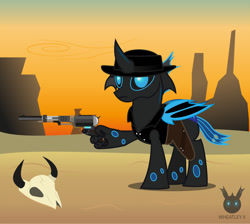 Size: 1280x1147 | Tagged: safe, artist:wheatley r.h., oc, oc only, oc:w. rhinestone eyes, changeling, honeypot changeling, bat wings, big iron, blue changeling, changeling oc, cow skull, cowboy, cowboy hat, desert, fallout, fallout: new vegas, folded wings, gun, handgun, hat, male, marty robbins, revolver, skull, solo, stallion, sunset, vector, watermark, weapon, wings