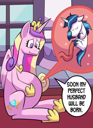 Size: 4800x6600 | Tagged: safe, alternate version, artist:pembroke, princess cadance, shining armor, alicorn, pony, g4, age regression, baby, baby pony, belly, big belly, cadance pregnant with shining armor, cadancepred, commission, dialogue, female, fetish, fetus, foal, good clean married vore, implied unbirthing, internal, male, marriage, married, married couple, pregdance, pregnant, ship:shiningcadance, shipping, straight, umbilical cord, unbirthing, vore