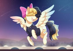 Size: 3129x2187 | Tagged: safe, artist:dvixie, songbird serenade, pegasus, pony, g4, my little pony: the movie, bow, clothes, commission, commissioner:reversalmushroom, female, flying, hair bow, high res, mare, shirt, singing, stage, stars