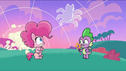Size: 1280x720 | Tagged: safe, screencap, pinkie pie, spike, dragon, earth pony, pony, spider, bubble trouble, g4.5, my little pony: pony life, spoiler:pony life s02e08, bubble, bubble wand, cute, cute little fangs, duo, fangs, female, male, mare, scared, smiling, spikabetes, winged spike, wings