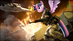 Size: 1920x1080 | Tagged: safe, artist:lewdyroom, twilight sparkle, alicorn, anthro, g4, 3d, clothes, commission, commissioner:biohazard, detailed background, explosion, gun, helicopter, soldier, solo, source filmmaker, spread wings, twilight sparkle (alicorn), uniform, weapon, wings