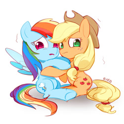 Size: 2000x2000 | Tagged: safe, artist:ried, applejack, rainbow dash, earth pony, pegasus, pony, g4, applejack's hat, cowboy hat, cute, dashabetes, female, hat, high res, holding each other, jackabetes, mare, open mouth, simple background, sitting, white background