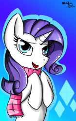 Size: 800x1280 | Tagged: safe, artist:whitelie, rarity, pony, unicorn, g4, clothes, horn, looking at you, open mouth, scarf, smiling, solo, striped scarf