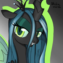 Size: 800x800 | Tagged: safe, artist:whitelie, queen chrysalis, changeling, changeling queen, g4, crown, female, jewelry, looking at you, regalia, simple background, smiling