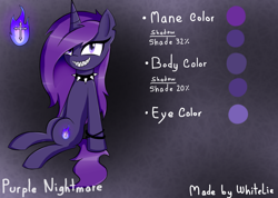 Size: 1040x740 | Tagged: safe, artist:whitelie, oc, oc only, oc:purple nightmare, pony, unicorn, choker, looking at you, reference sheet, simple background, sitting, smiling, solo, spiked choker