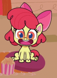 Size: 278x378 | Tagged: safe, screencap, apple bloom, earth pony, pony, g4, g4.5, little miss fortune, my little pony: pony life, spoiler:pony life s02e20, adorabloom, animated, apple bloom's bow, applebetes, bow, cute, excited, female, filly, food, gif, hair bow, open mouth, pillow, popcorn, popcorn box, sitting, solo