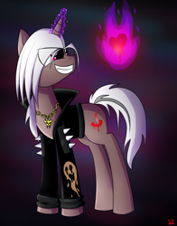 Size: 1100x1400 | Tagged: safe, artist:whitelie, oc, oc only, pony, unicorn, clothes, collar, fire, heart, jacket, simple background, smiling, spikes