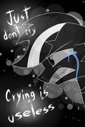 Size: 1040x1560 | Tagged: safe, artist:whitelie, oc, oc only, oc:white lie, crying, monochrome, simple background, text