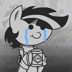 Size: 900x900 | Tagged: safe, artist:whitelie, oc, oc only, pony, chibi, clorox, clothes, crying, jacket, monochrome, partial color, sad, simple background, solo