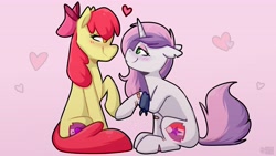 Size: 3840x2160 | Tagged: safe, artist:jellysketch, apple bloom, sweetie belle, earth pony, pony, unicorn, g4, bandaid, blushing, female, heart, high res, in love, lesbian, looking at each other, love, scar, ship:sweetiebloom, shipping, smiling