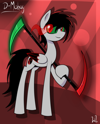 Size: 940x1160 | Tagged: safe, artist:whitelie, oc, oc only, oc:mohag, pegasus, pony, glowing eyes, scythe, simple background, weapon