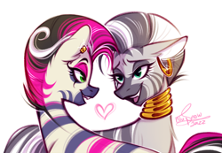 Size: 2652x1838 | Tagged: safe, artist:snowballflo, idw, marini, zecora, zebra, g4, bedroom eyes, ear piercing, earring, eyeshadow, female, heart, jewelry, lesbian, looking at each other, makeup, maricora, open mouth, piercing, shipping, simple background, white background
