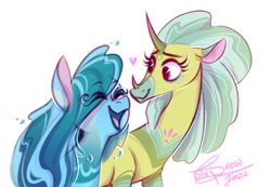 Size: 2652x1838 | Tagged: safe, artist:snowballflo, idw, cactus rose, medley brook, abada, kelpie, g4, eyes closed, female, heart, lesbian, mare, markings, medleyrose, open mouth, shipping, simple background, white background
